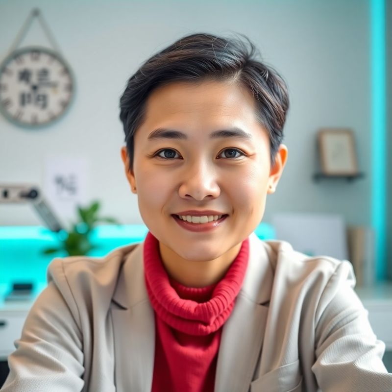 틸 색조 조명 아래 데스크에 앉은 한국인 교육 전문가